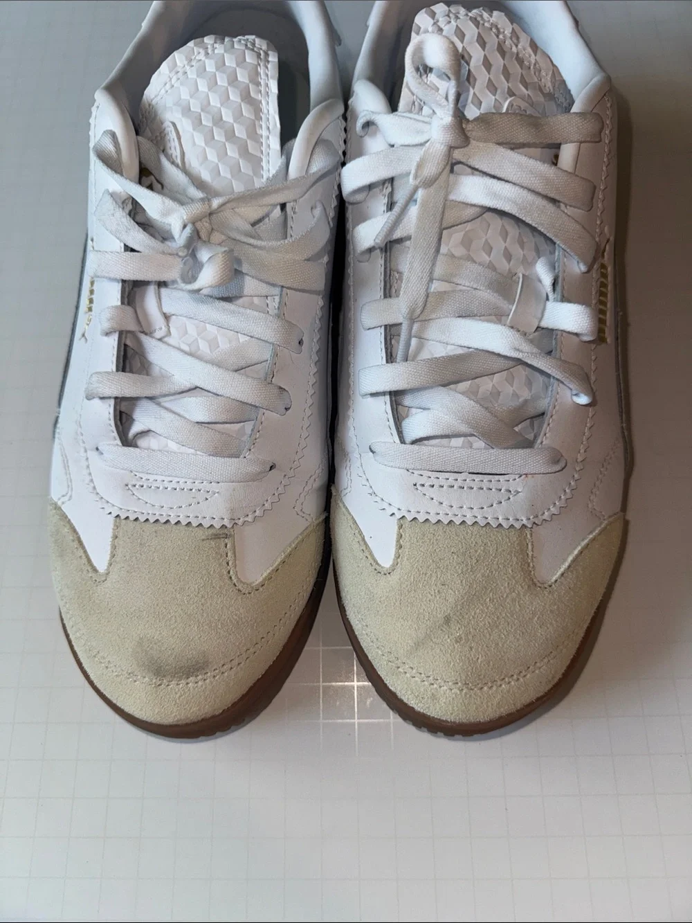 Puma White Leather Sneakers with Brown Gum Sole